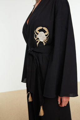 Siyah Kusakl? Midi Dokuma Nak?sl? Flaml? Pamuk Plaj Kimono&Kaftan TBESS22KM0039 - Trendyolmilla фото 4