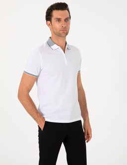 Beyaz Slim Fit %100 Pamuk Fermuarl_ Polo Yaka T-shirt