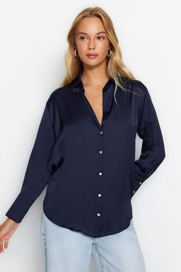 Lacivert Oversize/Genis Kal?p Saten Dokuma Gomlek TWOAW24GO00211