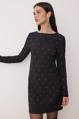 Siyah Tas Bask?l? Dokuma Mini Astars?z Elbise TPRAW26EL00090