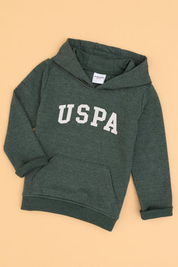 Erkek _ocuk Koyu Ye_il Kap__onlu Basic Sweatshirt