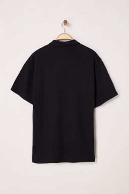Siyah Oversize/Genis Kesim Dokulu Fermuarl? Polo Yaka T-shirt