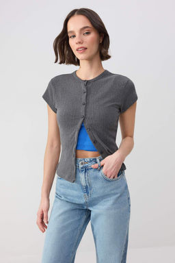 Wardrobe Essentials-Antrasit Fitted/Vucuda Oturan Polo Yaka Fitilli Esnek Orme Bluz TWOSS26BZ00357