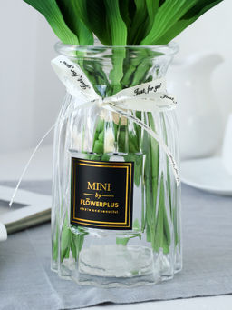 Ваза для цветов 18 см прозрачная с лентой этикетка / WRD-141 /уп 30/ без и/уп