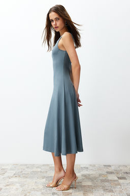 Antrasit %100 Pamuk Skater/Belden Ac?lan Bisiklet Yaka Kolsuz Midi Orme Midi Elbise TWOSS24EL00193