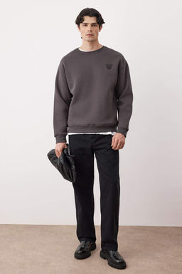 Antrasit Oversize/Genis Kesim Pamuklu Basic Ici Polarl? Kal?n Nak?sl? Sweatshirt TMNAW25SW00011