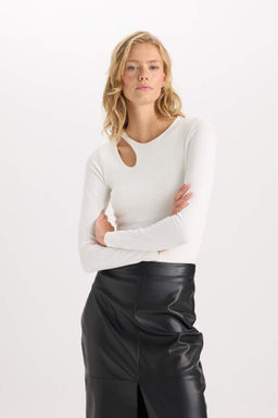 Облегающая футболка с круглым вырезом и длинными рукавами из простой ткани с блестками - Defacto фото 4