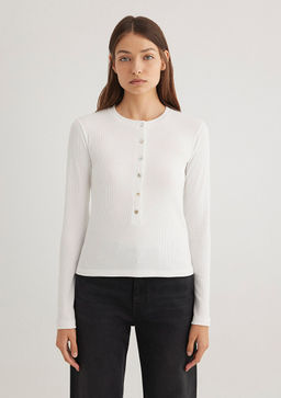 Uzun Kollu Dugme Detayl? Ekru Tisort - Mavi фото 3