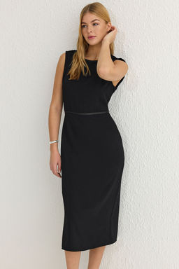 Siyah A Kesim Midi Dokuma Krep Elbise TWOSS25EL00013