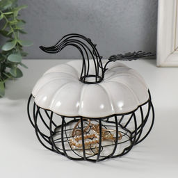 Шкатулка для украшений «Тыква с листочком», металл, керамика, белая с чёрным, 14×14×13 см
