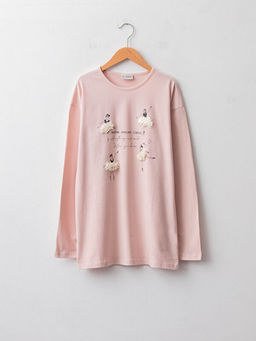 Bisiklet Yaka Bask?l? Uzun Kollu Pamuklu K?z ?ocuk Ti??rt