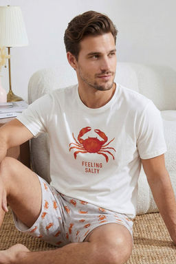 Ekru Regular Fit Yengec Bask?l? Pamuklu Pijama Tak?m? TMNSS26PT00020 - Trendyolmilla фото 5