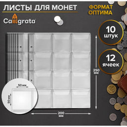 Набор листов для монет, формат «Оптима», 10 листов 200×250 мм, на 12 ячеек 50×50 мм