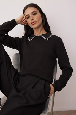 Siyah Pamuk Icerikli Yaka Dikis Detayl? Triko Kazak TWOAW26KZ00204