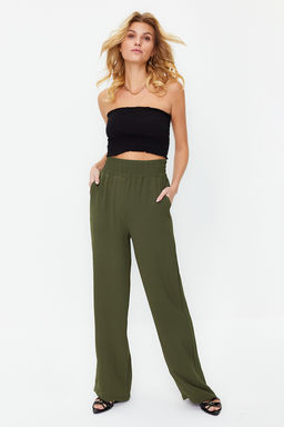 Haki Wide Leg/Genis Paca Beli Lastikli Dokuma Pantolon TWOSS22PL00024