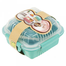 Ланч-бокс для продуктов пластмассовый Эко дом 0,55л, 14х14см h8,5см, с ложкой 13см, крышка прозрачная, с клипсами, с уплотнителем, цвета в ассортименте: бежевый, розовый, голубой (Китай) Пластик с добавлением пшеничных волокон. - Домашняя мода фото 4