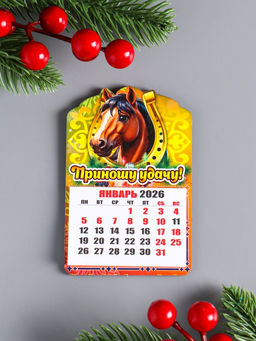 Цена за 2 шт. Магнит на холодильник и календарь отрывной 2026 Новогодний конь. Приношу удачу, 9.5?6.5 см