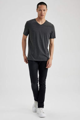 Базовая хлопковая футболка узкого кроя с v-образным вырезом и короткими рукавами - Defacto фото 7