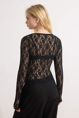 Siyah Fitted/Vucuda Oturan Kruvaze Uzun Kollu Dantel Orme Bluz TWOSS26BZ00018 - Trendyolmilla фото 4