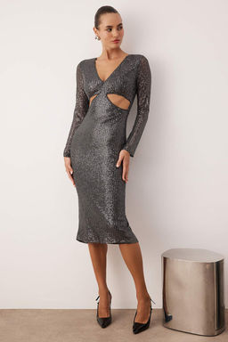 Antrasit Cut Out Detayl? Orme Payet Midi Astarl? S?k/Gece Elbise