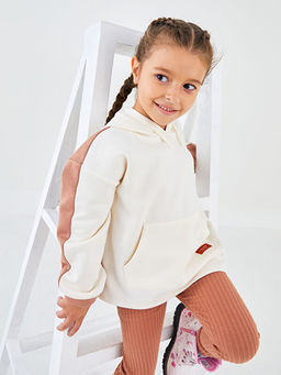 Kap??onlu Renk Bloklu Uzun Kollu K?z ?ocuk Sweatshirt