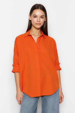 Turuncu Pamuklu Oversize Genis Kal?p Dokuma Gomlek TWOSS22GO0669