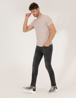 Bej Slim Fit Dokulu Bisiklet Yaka Ti__rt