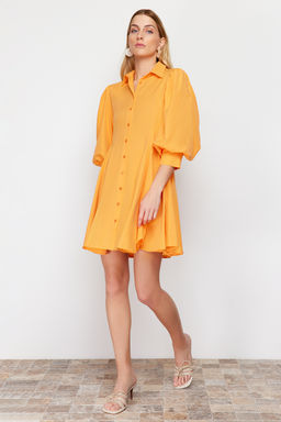 Turuncu Etegi Parcal? Dokuma Mini Gomlek Elbise TWOSS24EL00428 - Trendyolmilla фото 3