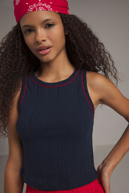 Lacivert Pointel/Dokulu Kumas Vucuda Oturan Crop Orme Atlet TWOSS25AL00041