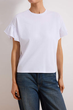 Beyaz %100 Pamuk F?rf?r Detayl? Basic Bisiklet Yaka Orme T-Shirt TWOSS22TS2429