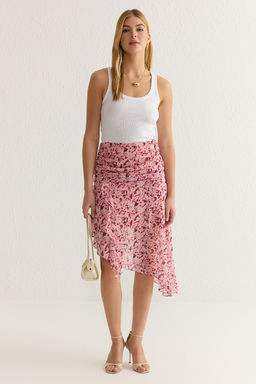 TRENDYOLMILLA Pembe Asimetrik Midi Boy Sifon Cicekli Dokuma Etek TWOSS25ET00039