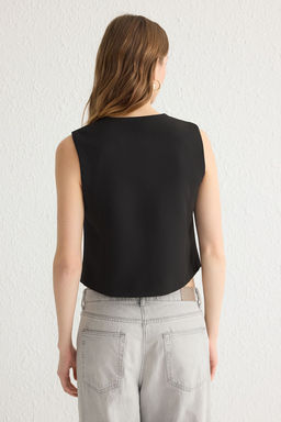 Siyah Fitted Crop Kalpli Dugmeli Dokuma Yelek TWOSS25YE00015