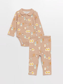 Polo Yaka Desenli Uzun Kollu Erkek Bebek ??t??tl? Body ve Pantolon 2li Tak?m