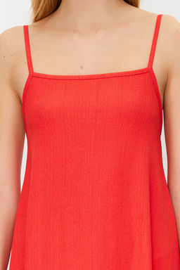 K?rm?z? Ayarlanabilir Ask?l? Kare Yaka A-Line Burumcuk/Dokulu Orme Maxi Elbise TWOSS24EL00060