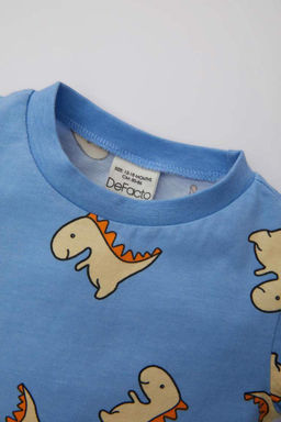 Пижамный комплект из чесаного хлопка с короткими рукавами и шортами для мальчика с принтом динозавров - Defacto фото 8