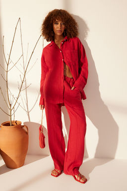 K?rm?z? %100 Keten Oversize Gomlek TWOSS23GO00443