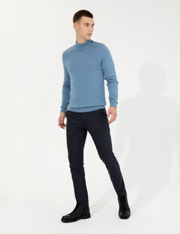 Lacivert Slim Fit Keten Kar___ml_ Kanvas Pantolon