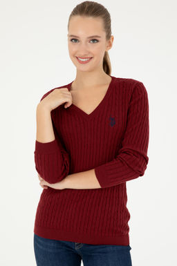 Женский бордовый базовый свитер с v-образным вырезом Неожиданная скидка в корзине - U.s. polo assn фото 3
