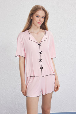 Trendyolmilla Pembe Kurdele/Fiyonk ve Baby Overlok Detayl? Sortlu Fitilli Orme Pijama Tak?m? THMSS25PT00403  фото 2