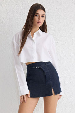 TRENDYOLMILLA Lacivert Kemerli Y?rtmac Detayl? Yuksek Bel Denim Sort Etek TWOSS25SR00003