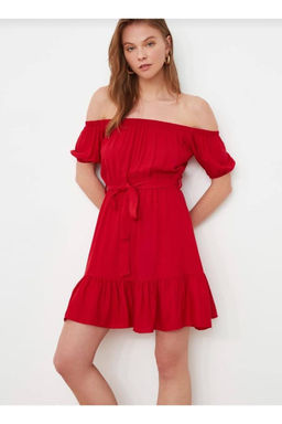 K?rm?z? Kusakl? Carmen Yaka A Kesim Mini Dokuma Elbise TWOSS20EL2135 - Trendyolmilla фото 2