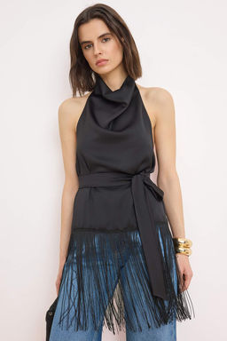 Siyah Degaje Yaka Puskul Detayl? Saten Party Bluz TPRSS26BZ00030