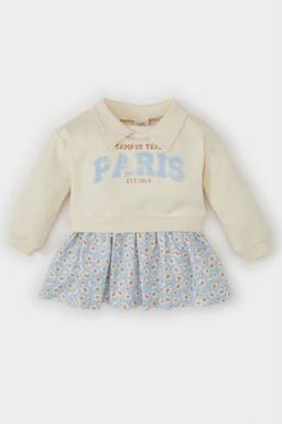 K?z Bebek Polo Yaka Bask?l? Etegi Cicek Desenli Uzun Kollu Sweatshirt Elbise