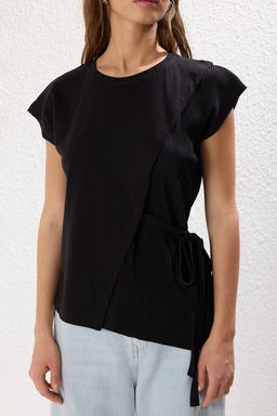 Trendyolmilla Siyah Pilise ve Baglama Detayl? Relaxed/Rahat Kal?p Orme Bluz TWOSS25BZ00094  фото 12