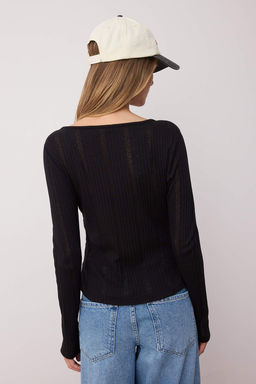 Siyah Fitted/Vucuda Oturan Pointel V Yaka Vucuda Oturan Esnek Orme Bluz TWOAW26BZ00004