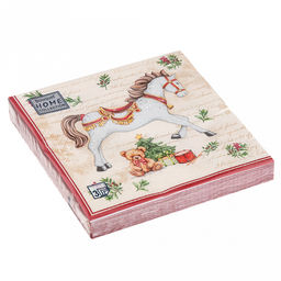 Салфетки бумажные Bouquet Home Collection Classic 33х33см, 3-х слойные, 20 штук в упаковке, 100% целлюлоза, Новогодняя лошадка. Кремовый фон (Россия)