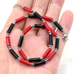 Чокер из коралла и агата черного (имитация) цилиндр 4*13мм, 40см Радуга камня