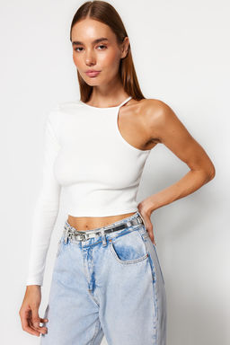 Ekru Fitilli Fitted/Vucuda Oturan Bisiklet Yaka Tek Kol Esnek Orme Bluz TWOSS22BZ0214