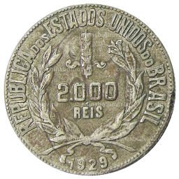 Монета 2000 рейс 1929 года Бразилия