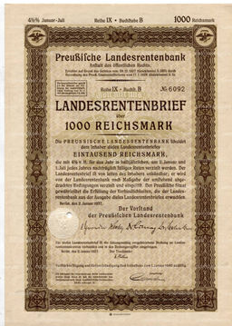 Облигация 4,5% 1000 рейхсмарок 1937 года Германия